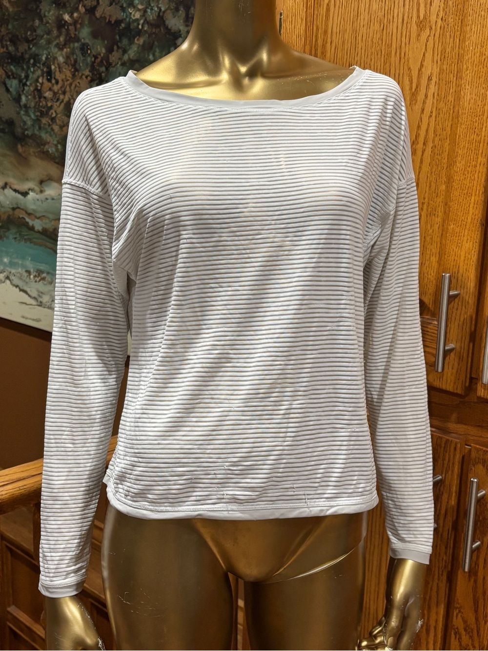 lululemon athletica White and Light Gray Striped Long Sleeve Top